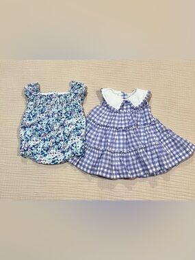 Janie and Jack Baby Gingham Dress & Floral Bubble Blue, Purple, Green 0-3 Months